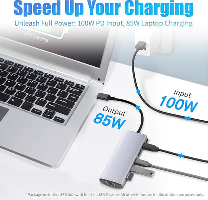 Amazon Basics 6-in-1 USB-C 3.2 (10G) Hub, Multiport Adapter with 100W Power Delivery, 4K HDMI, Ethernet, 2 USB-A, 1 USB-C, Light Grey, 4.70 x 1.81 x 0.59 inches
