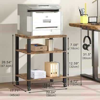 3-Tier Printer Stand with Wheels, Large Under Desk Rolling Cart for Office Storage, Heavy Duty Machine Stand with Adjustable Shelf, 22.04"x17.71"x26.54", Rustic Brown