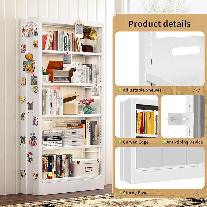70.9" H Metal Bookshelf, Adjustable Bookcase, 5-Tier Heavy Duty Bookshelf with Bookend, Tall Bookshelves, Bookcase Shelf for Living Room, Office, Library,Classroom (White-72.8W)