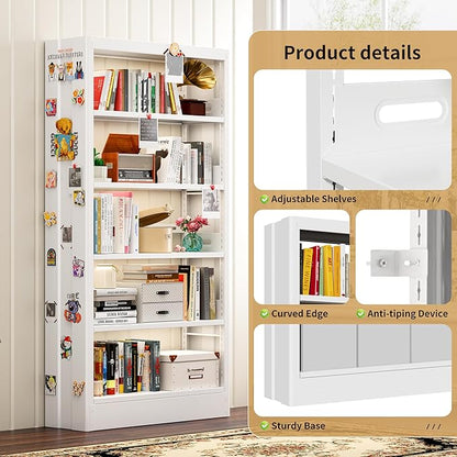 70.9" H Metal Bookshelf, Adjustable Bookcase, 5-Tier Heavy Duty Bookshelf with Bookend, Tall Bookshelves, Bookcase Shelf for Living Room, Office, Library,Classroom (White-72.8W)