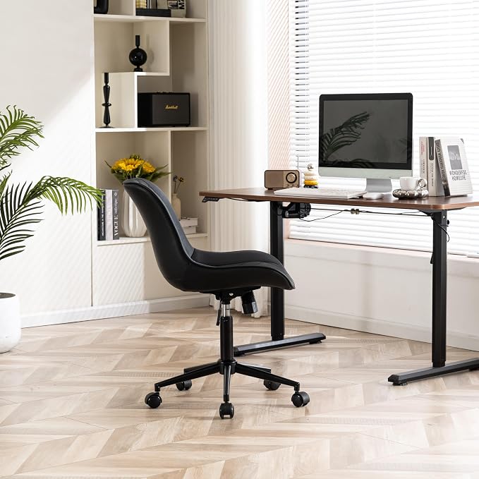 YOUNIKE Black Faux Leather Office Chair Armless Comfy Desk Chair with Rocking Back Cute Swivel Vanity Chair with Wheels Height Adjustable Small Computer Task Chair for Sewing Drafting Ergonomic