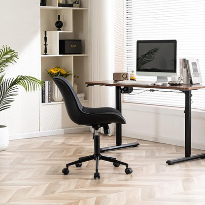 YOUNIKE Black Faux Leather Office Chair Armless Comfy Desk Chair with Rocking Back Cute Swivel Vanity Chair with Wheels Height Adjustable Small Computer Task Chair for Sewing Drafting Ergonomic