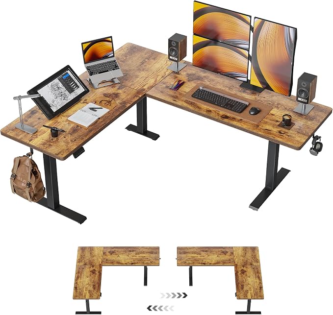 BANTI L-Shaped Standing Desk - 75 x 63 Inch Adjustable Corner Standing Desk with Charging Station - L Shape Sit Stand Table with Memory Controller, Splice Board for Home Office, Rustic Brown