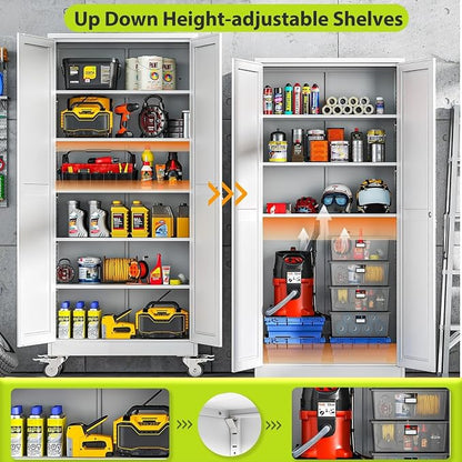 74.8" H Metal Garage Storage Cabinet with Doors and Shelves, Rolling Storage Cabinet with Lock, Steel Cabinets on Wheels, Large Tool Locker for Garage, Home Office, Shop, White