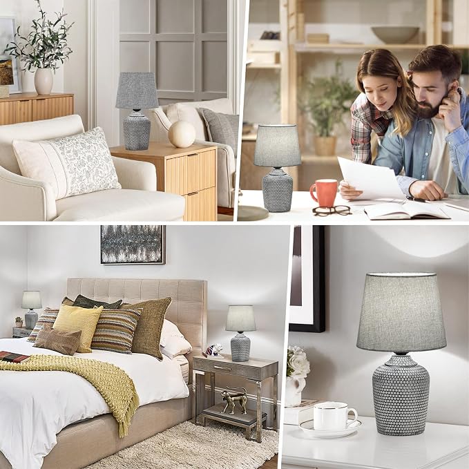 Sucolite 11.8'' Small Table Lamps Set of 2, Bedside Nightstand Lamps for Bedroom Kid’s Room, Cute Desk Lamps with Studded Texture Base for Reading Nursery Living Room Office, Grey
