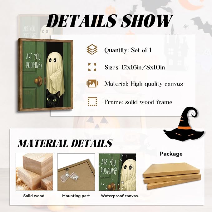 Funny Ghost Cat Halloween Bathroom Wall Art, Cute Ghost Bathroom Halloween Wall Decor Are You Pooping Picture, Vintage Framed Canvas Prints Funny Artwork for Restroom 8x10in Wood Frame