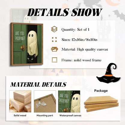 Funny Ghost Cat Halloween Bathroom Wall Art, Cute Ghost Bathroom Halloween Wall Decor Are You Pooping Picture, Vintage Framed Canvas Prints Funny Artwork for Restroom 8x10in Wood Frame