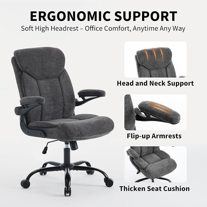 Home Office Ergonomic Desk Chair - Comfy Fabric Executive Chair with Flip-Up Armrests, Height Adjustable Computer Chair for Gaming, 360° Swivel & Rocking (Grey)