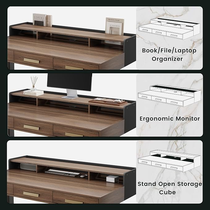 ModernMate Electric Standing Desk with 3 Drawers & Monitor Shelf, 48" Height Adjustable Sit Stand Desk with Storage, Home Office Computer Workstations for Small Space, Black Walnut