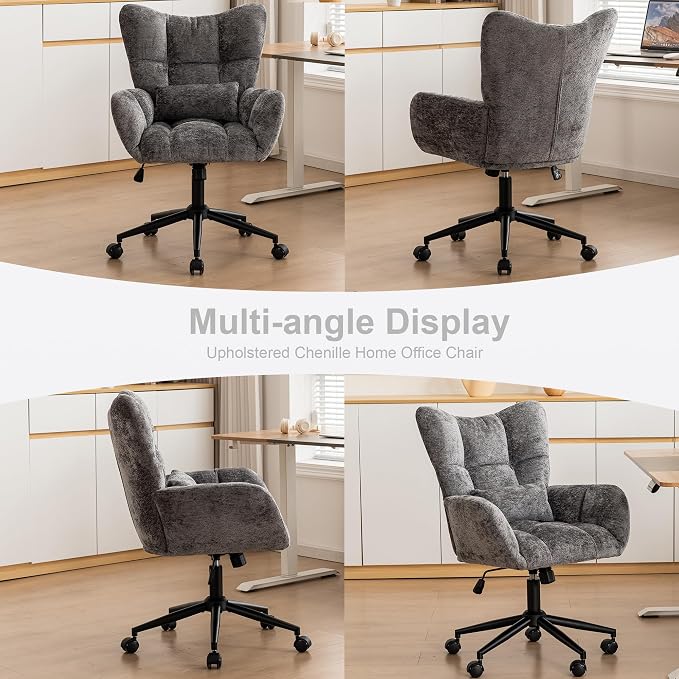 Home Office Desk Chair, Modern Tufted Chenille Vanity Chair, Adjustable Upholstered Swivel Computer Chairs for Bedroom, Living Room，Grey