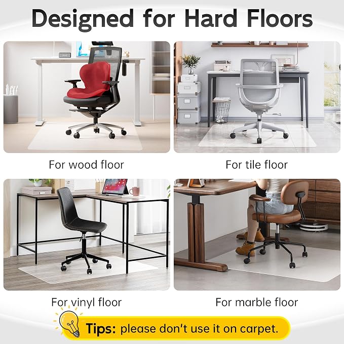Office Chair Mat, 46" x 60" Crystal Clear Hard Floor Chair Mat, Transparent Floor Protector Mat for Hardwood Floor Flat Without Curling