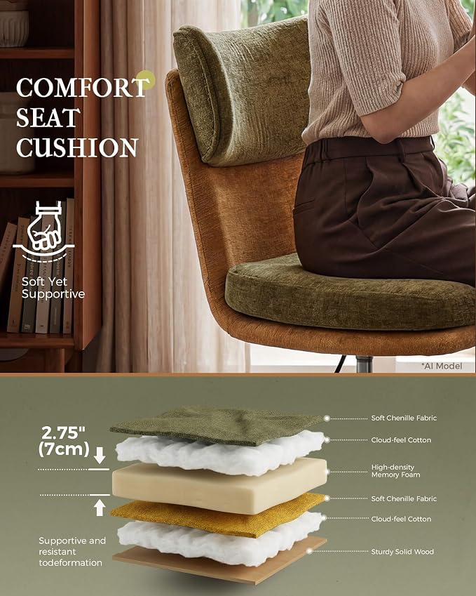 COMHOMA Home Office Desk Chairs with Ergonomic Curved Backrest, Mid Century Modern Vanity Chair with Wheel for Bedroom, Chenille Upholstered, Green