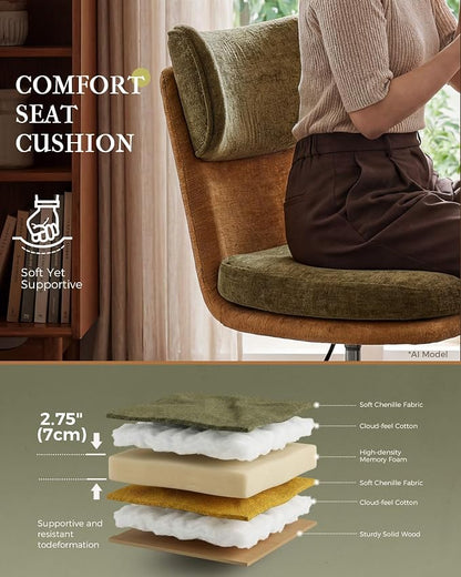 COMHOMA Home Office Desk Chairs with Ergonomic Curved Backrest, Mid Century Modern Vanity Chair with Wheel for Bedroom, Chenille Upholstered, Green
