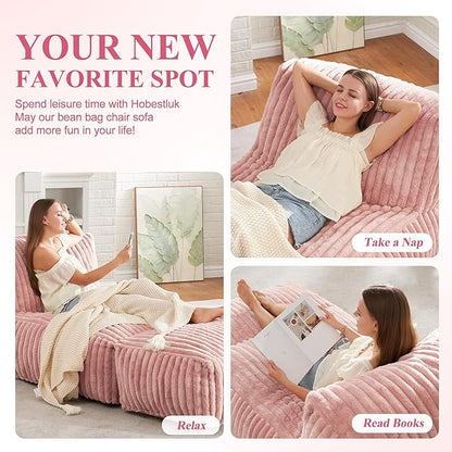 Hobestluk Giant Memory Foam Bean Bag Chairs Sofa for Adults (Pink,Large) | Soft Fabric,Ergonomic Back Support,Lightweight,Easy Clean,No Assembly,Wear-resisting,For Livingroom Guest room,Well-looking