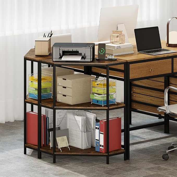 Giantex 2-Pack Corner Printer Stand, 3-Tier Corner Shelf with Charging Station and Metal Frame, Small Industrial Bookshelf, Printer Table for Living Room, Kitchen, Home Office