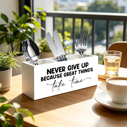 Inspirational Pen Pencil Holder Organizer for Home Office Classroom Desk Accessories, Never Give Up Because Great Things Take Time Motivational Positive Wood Signs for Desk Tabletop Decor