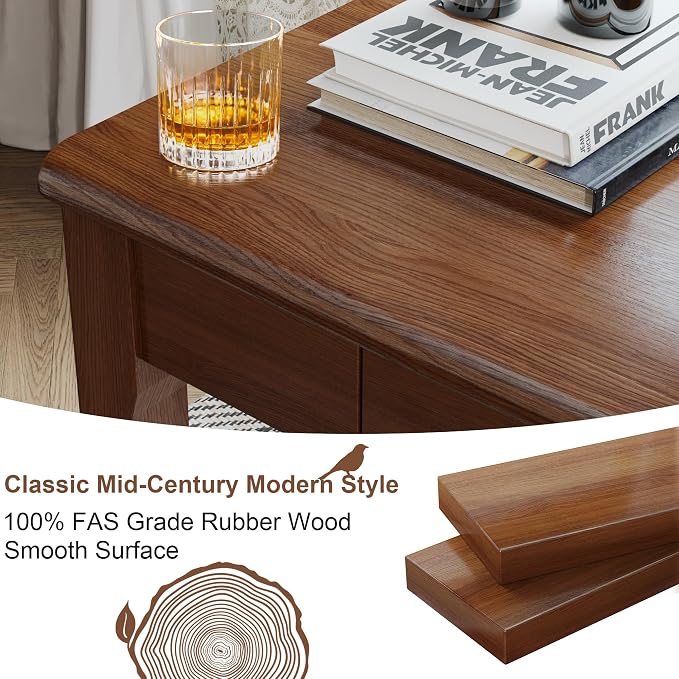 Wood Desk with Drawers - Solid Wood Mid Century Modern Desks for Bedroom, Small Computer Desk for PC, Laptop, Study, Makeup, 39.4 W x 29.5 H x 15.75 D in, Walnut Color