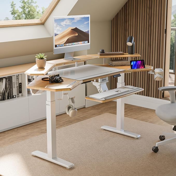 EUREKA ERGONOMIC Solid Wood Top Gaming Desk with Keyboard Tray, 72" Wing Shaped Music Studio Table with LED Shelves, Heavy Duty Gaming Recording Live Stream Desk, Cable Slot Design