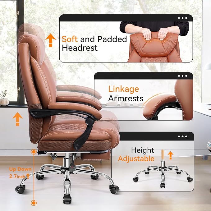 Office Chair, Executive Leather Chair Adjustable High Back, Ergonomic Computer Desk Chair Lumbar Support, Big and Tall Office Chair with Footrest, Comfy Reclining Chair for Home Office