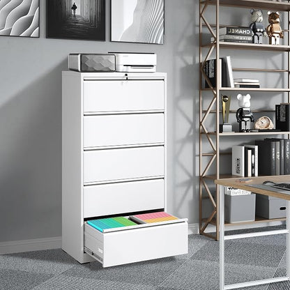 5 Drawer Metal Office Storage Filing Cabinet with Lock, White Lateral File Cabinet for Home Office, Horizontal Locking for Legal/Letter/A4, Assembly Required