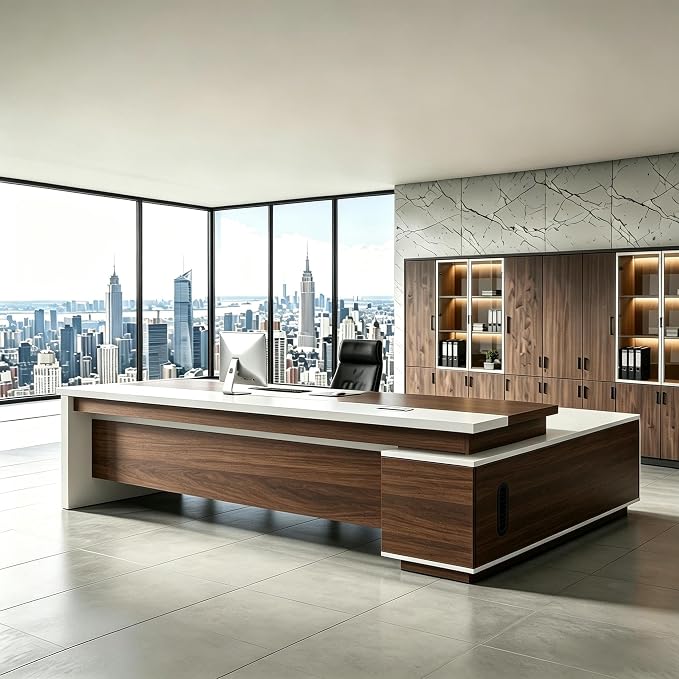 L Shaped Executive Desk with Drawers, Modern Large Wood Home Office Desk, Computer Desk with Storage for Boss Office Workstation