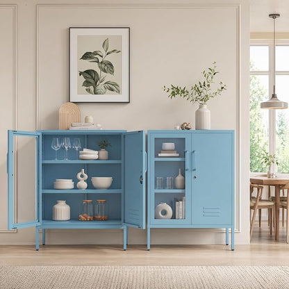 29.5" Wide Blue Metal Storage Cabinet with Lock and Ventilated Doors, 2 Adjustable Shelves, Heavy Duty Home Metal Accent Locker for Kitchen Office Living Room Hallway
