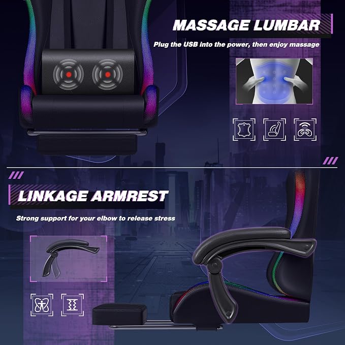 Homall Gaming Chair, Video Game Chair with Footrest and Massage Lumbar Support, Ergonomic Computer Chair Height Adjustable with Swivel Seat and Headrest (RGB Dark Black)