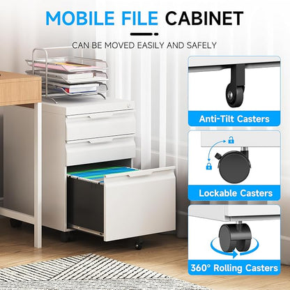 Bestoo Mobile File Cabinet with Lock, 3 Drawer Filing Cabinet, Under Desk Metal Rolling Filing Cabinets for Home Office, Fits Letter/Legal/A4 Size File, Easy Assembly