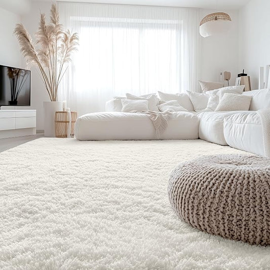 OLANLY 8x9 Machine Washable Large Area Rugs for Living Room, Bedroom, Soft Fluffy Shaggy Bedside Rug, Indoor Floor Carpet for Kids Girls and Boys, Dorms, Nursery, Home Decor Aesthetic, Ivory