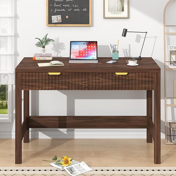YOMILUVE Fluted Computer Desk with 2 Drawers, 39 Inch Small Computer Desk with Storage, Compact Writing Study Desk for Small Spaces, Walnut