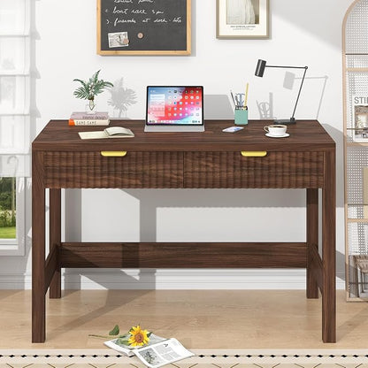 YOMILUVE Fluted Computer Desk with 2 Drawers, 39 Inch Small Computer Desk with Storage, Compact Writing Study Desk for Small Spaces, Walnut