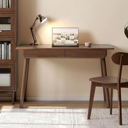 100% Solid Wood Desk with Drawers, Mid Century Modern Writing Desk, Walnut Color Office Desk for Study Bedroom Living Room 41.33" W