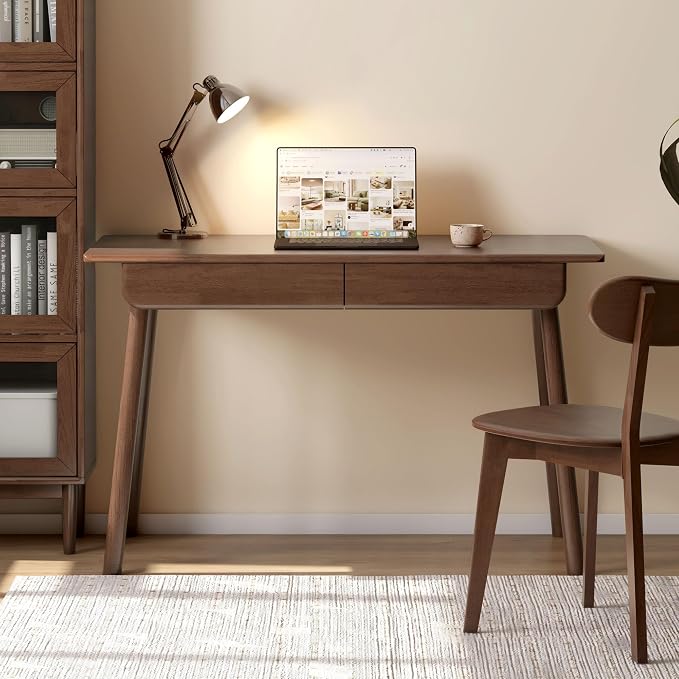 100% Solid Wood Desk with Drawers, Mid Century Modern Writing Desk, Walnut Color Office Desk for Study Bedroom Living Room 47.24" W