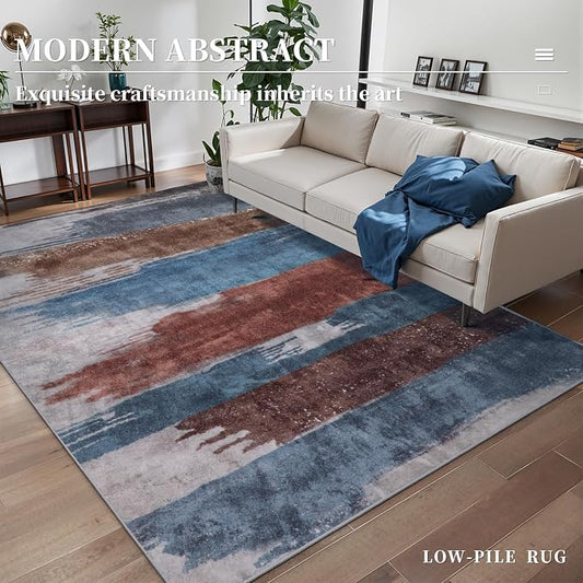 Ciicool Abstract Area Rug Indoor, 3x5 Washable Entryway Rug, Modern Soft Throw Entry Rug with Non-Slip Backing for Bedroom Living Room Entrance Kitchen, Low-Pile Floor Carpet Doormat Blue Brown
