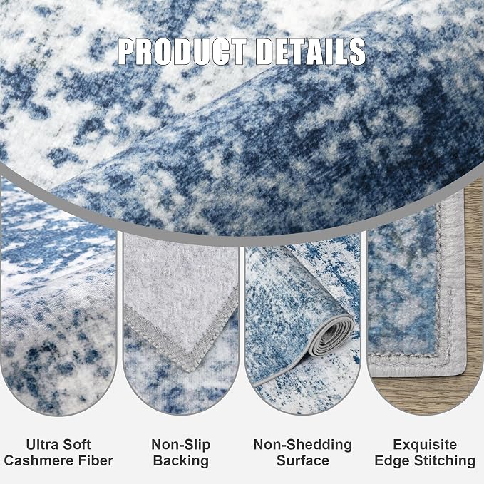 6x6 Area Rug Living Room Rug: Washable Modern Abstract Soft Thin Rug Indoor Floor No Slip Stain Resistant Carpet for Bedroom Dining Room Farmhouse Nursery Home Office - Blue