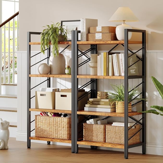 DurayLoly 4 Tier Book Shelf, Industrial Bookcases with Metal Frame and Sidebars, Small Bookshelf for Bedroom, Home Office and Living Room, Rustic Brown