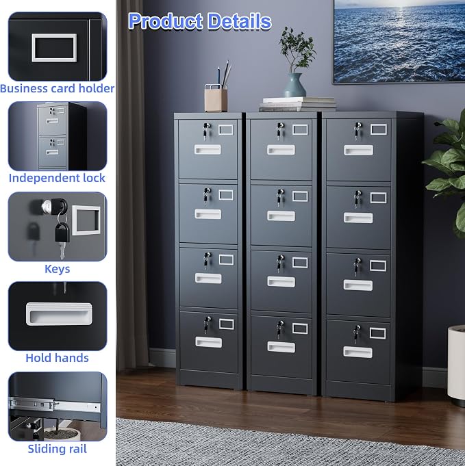 SUXXAN 4 Drawer File Cabinet with Lock and Name Card Slots, Heavy Duty Metal Vertical Filing Cabinet for Home Office for Letter/Legal/A4 Size, 17.72" D x 14.96" W x 55.2" H, Black