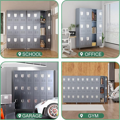 9 Door Metal Lockers for Employees,9 Heavy-Duty Hooks,72" Secure Storage for Home,Offices,Schools & Gyms | Gray