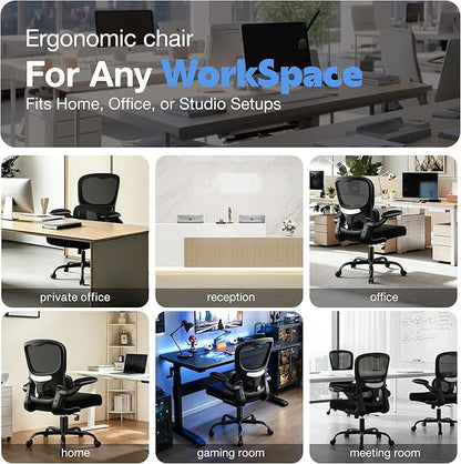 ALLGOD Ergonomic Office Chair, Breathable Mesh Ergonomic Desk Chair with Adjustable Lumbar Support, Flip-up Armrests, Computer Chairs Comfortable for Home, Office, Work, 300lbs, Black, Upgrade