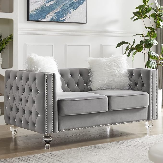 mikibama Velvet Loveseat with Buttons and Square Arms 59 Inch Tufted Sofa with Trimmed Nailhead and Metal Legs Loveseat Couch for Living Room, Bedroom (Grey-Crystal Legs, Loveseat)