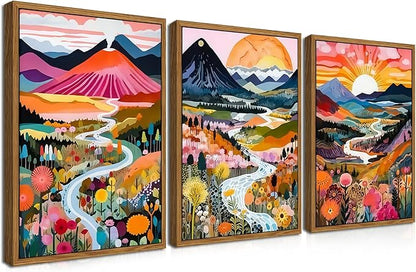Floating Framed Boho Colorful Wall Art, Abstract Watercolor Mountain Landscape Wall Decor Painting Set of 3, Modern Flower Aesthetic Posters Prints for Living Room Bathroom Bedroom 12x16 Inch