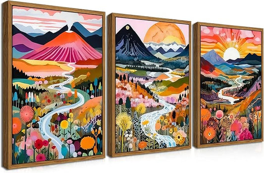 Floating Framed Boho Colorful Wall Art, Abstract Watercolor Mountain Landscape Wall Decor Painting Set of 3, Modern Flower Aesthetic Posters Prints for Living Room Bathroom Bedroom 12x16 Inch