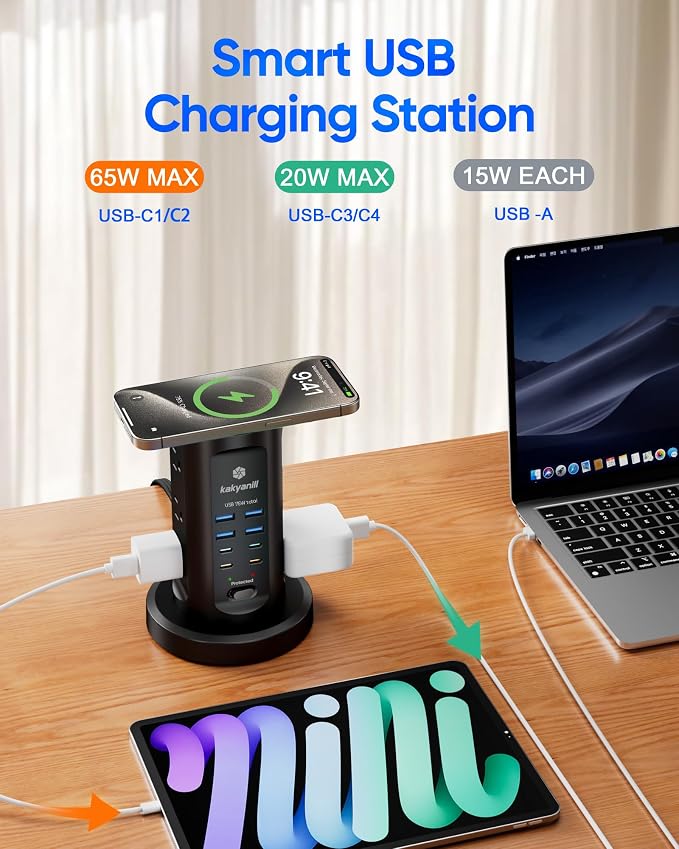 Power Strip Tower, PD 65W USB Charging Tower, kakyanill Surge Protector Tower 9 AC Outlets 8 USB (4 USB C), 6 Ft Retractable Extension Cord, Charging Station for Office Dorm Room, Black