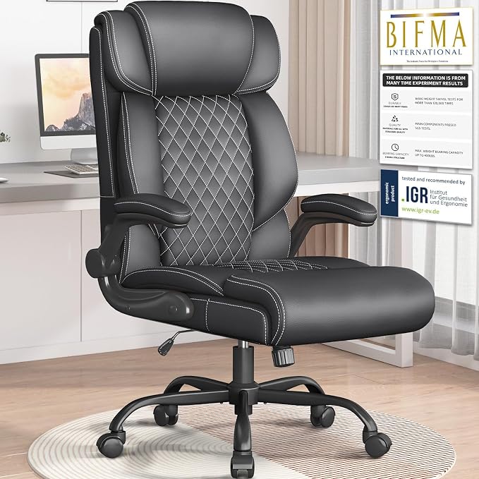 Office Chair-Executive High Back Breathable Big and Tall Office Chair Flip-up Armrests Lumbar Support-Ergonomic Leather Rolling Swivel Chair with Rock Function for Working Studying Gaming,Black