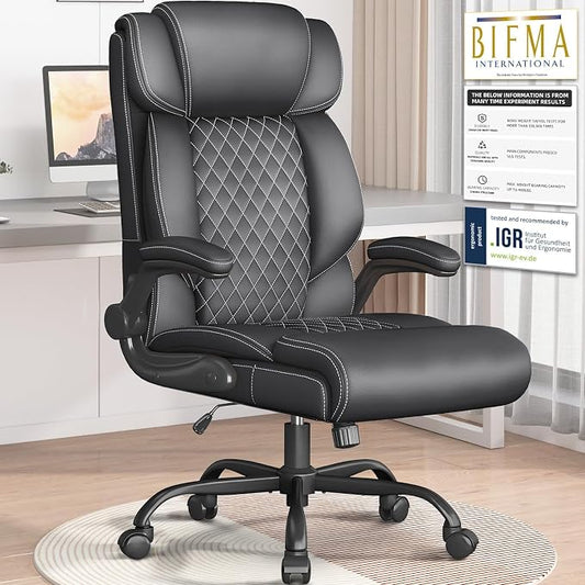 Office Chair-Executive High Back Breathable Big and Tall Office Chair Flip-up Armrests Lumbar Support-Ergonomic Leather Rolling Swivel Chair with Rock Function for Working Studying Gaming,Black