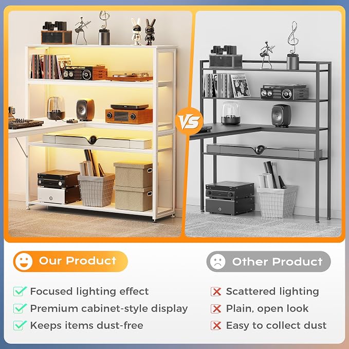 PRAISUN 57 Inch L Shaped Gaming Computer Desk with Larger Open Cabinet, Reverisble Office Desk with Power Outlets, LED Lights, Work Desk, Fabric Drawer, Adjustable Wood and Mesh Shelf, White