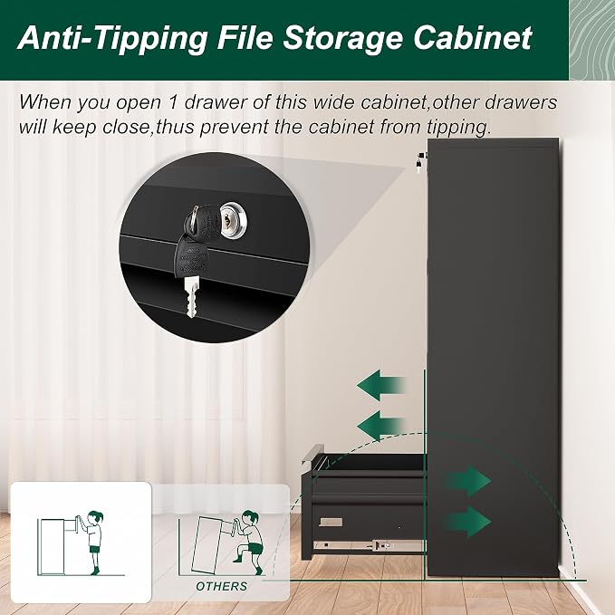 Superday Filing Cabinet Lateral File Cabinet 4 Drawer, Filing Cabinets with Lock, Locking Metal File Cabinets for Home OfficeLegal/Letter/A4/F4(Black)