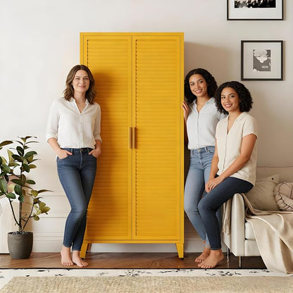 61" Tall Metal Pantry Cabinet with Lock and 3 Adjustable Shelves,Freestanding Heavy Duty Steel Storage Locker,Yellow Metal Cabinets for Kitchen,Living Room,Home 61" H X 27.6" W X 13.8" D
