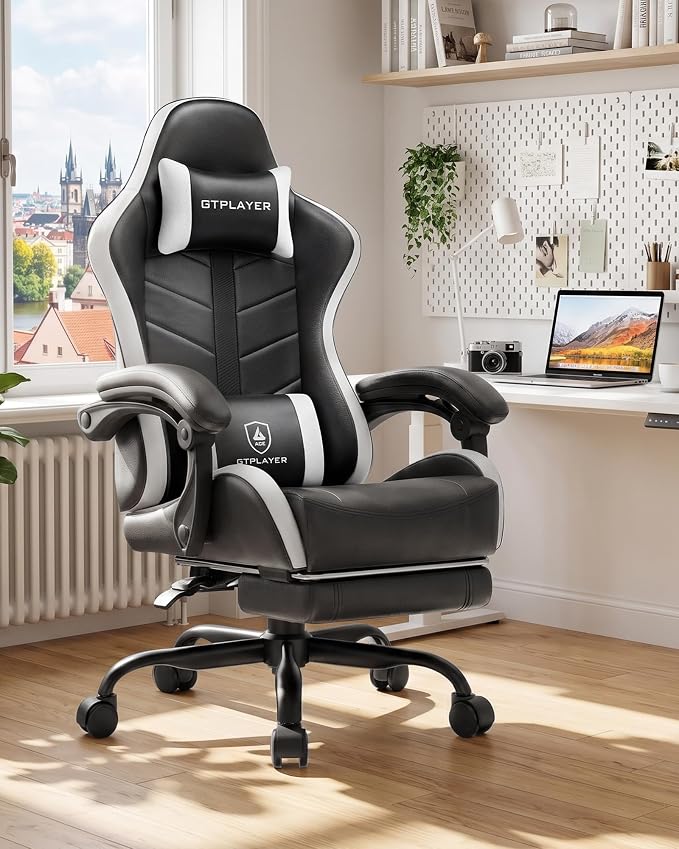 GTPLAYER Gaming Chair, Ergonomic Game Computer Chairs with Foot Rest for Adults, Adjustable PC Game Chair with Reclining Function and Comfortable Headrest for Home and Office Use (White)