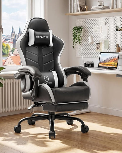 GTPLAYER Gaming Chair, Ergonomic Game Computer Chairs with Foot Rest for Adults, Adjustable PC Game Chair with Reclining Function and Comfortable Headrest for Home and Office Use (White)